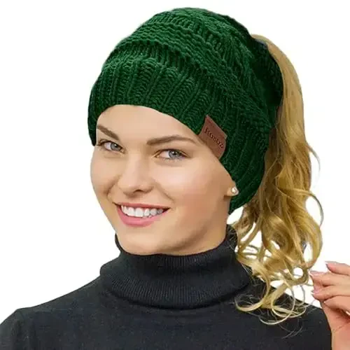 Rosoz 2 Pack Ayollar uchun dumli shapka, Qishki iliq shapka Quyruq Yumshoq Stretch Kabel Trikotaj Buzuq Yuqori Bun Shlyapa - ROSOZ (1)