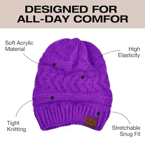 Rosoz 2 Pack Ayollar uchun Ponytail Beanie, Qishki iliq Beanie Tail Yumshoq cho'ziluvchan Kabel to'qilgan tartibsiz yuqori chignon shlyapa - 4