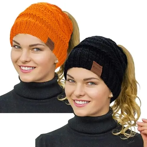 Rosoz 2 Pack Ayollar uchun Ponytail Beanie, Qishki iliq Beanie Tail Yumshoq Stretch Kabel Trikotaj Tartibsiz Yuqori Bun Shlyapa - 1