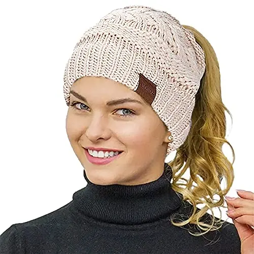Rosoz 2 Pack Ayollar uchun Ponytail Beanie, Qishki Issiq Beanie Dumli Yumshoq Cho'ziluvchan Kabel Trikotaj Bilan Boshsiz Yuqori Tugunli Shlyapa - 2