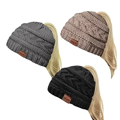 Rosoz 2 Pack Ayollar uchun Ponytail Beanie, Qishki Issiq Beanie Quyruq Yumshoq Chok Kabel Trikotaj Tartibsiz Yuqori Chignon Shlyapa - ROSOZ