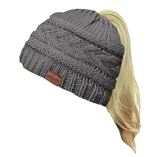 Rosoz 2 Pack Ayollar uchun Ponytail Beanie, Qishki Issiq Beanie Quyruq Yumshoq Cho'ziluvchan Kabel Trikotaj Boshsiz Yuqori Bun Shlyapa - ROSOZ