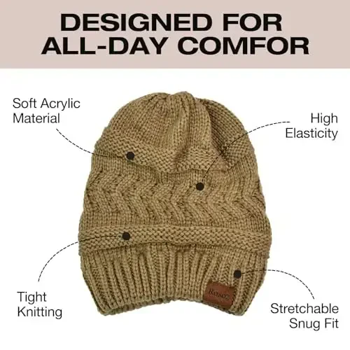 Rosoz 2 Pack Ayollar uchun Ponytail Beanie, Qishki Issiq Beanie Quyruq Yumshoq Stretch Kabel Triko Buzuq Yuqori Tugunli Shlyapa - 4