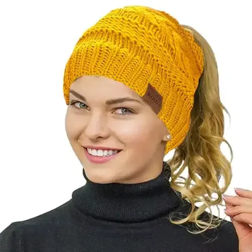 Rosoz 2 Pack Ayollar uchun Ponytail Beanie, Qishki Issiq Beanie Quyruq Yumshoq Stretch Kabel Trikotaj Buzuq Yuqori Tugunli Shlyapa - 2