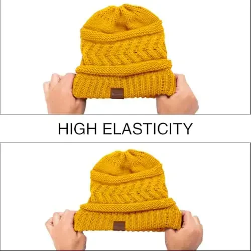 Rosoz 2 Pack Ayollar uchun Ponytail Beanie, Qishki Issiq Beanie Quyruq Yumshoq Stretch Kabel Trikotaj Buzuq Yuqori Tugunli Shlyapa - 7