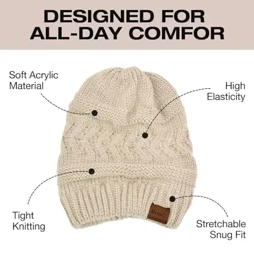 Rosoz 2 Pack Ayollar uchun Ponytail Beanie, Qishki Issiq Beanie Quyruq Yumshoq Stretch Kabel Trikotaj Tartibsiz Yuqori Bun Shlyapa - 4