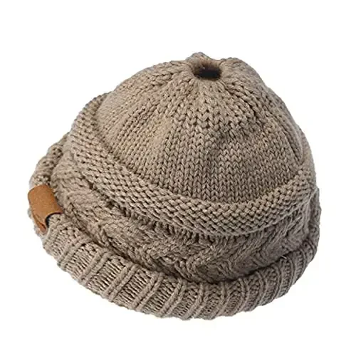 Rosoz 2 Pack Ayollar uchun Ponytail Beanie, Qishki Issiq Beanie Quyruq Yumshoq Stretch Kabel Trikotaj Tartibsiz Yuqori Tugunli Shlyapa - 3