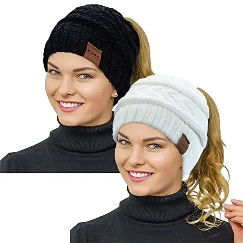 Rosoz 2 Pack Ayollar uchun Ponytail Beanie, Qishki Issiq Beanie Quyruqli Yumshoq Cho'ziluvchan Kabel Triko Buzuq Yuqori Tugunli Shlyapa 