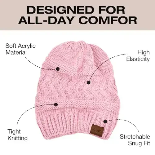Rosoz 2 Pack Ponytail Beanie for Women,Winter Warm Beanie Tail Soft Stretch Cable Knit Messy High Bun Hat - 4