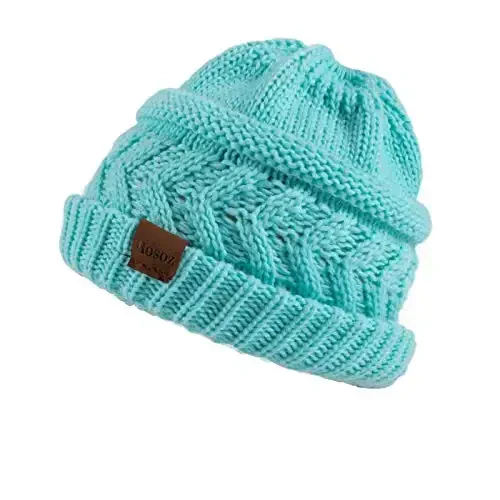 Rosoz 2 Pack Ponytail Beanie for Women, Winter Warm Beanie Tail Soft Stretch Cable Knit Messy High Bun Hat - 2