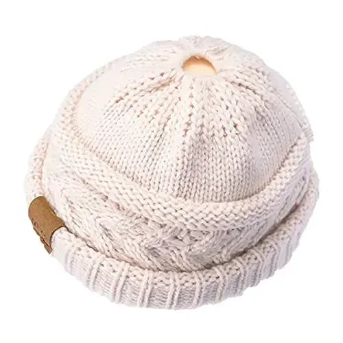 Rosoz 2 Pack Ponytail Beanie for Women, Winter Warm Beanie Tail Soft Stretch Cable Knit Messy High Bun Hat - 3