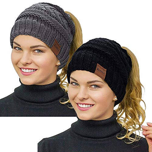 Rosoz 2 Pack Ponytail Beanie for Women,Winter Warm Beanie Tail Soft Stretch Cable Knit Messy High Bun Hat - 1