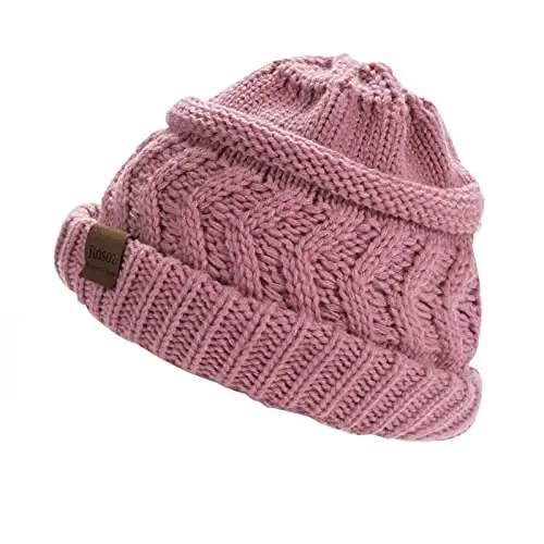 Rosoz 2 Pack Ponytail Beanie for Women,Winter Warm Beanie Tail Soft Stretch Cable Knit Messy High Bun Hat - 2