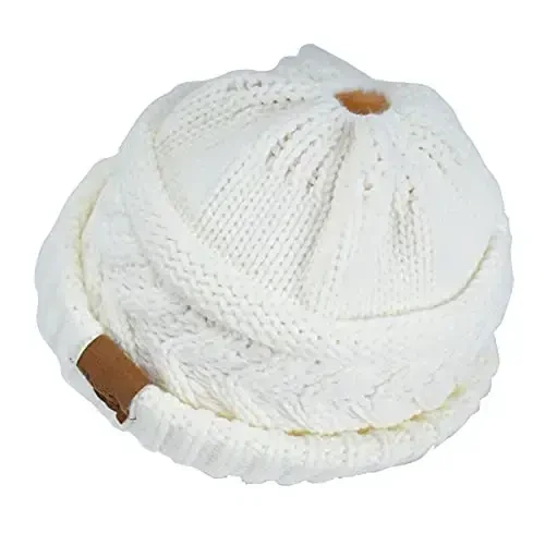 Rosoz 2 Pack Ponytail Beanie for Women,Winter Warm Beanie Tail Soft Stretch Cable Knit Messy High Bun Hat - 3