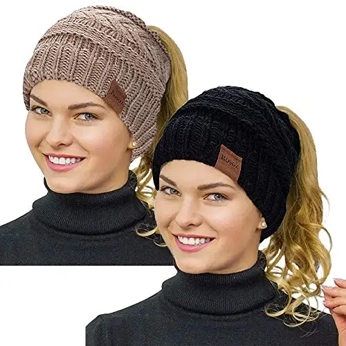 Rosoz 2 Pack Ponytail Beanie for Women,Winter Warm Beanie Tail Soft Stretch Cable Knit Messy High Bun Hat 
