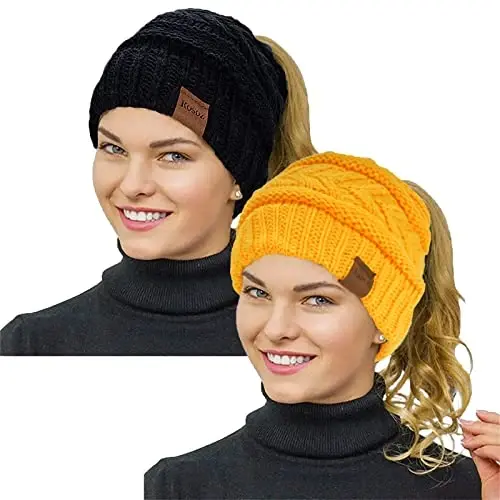 Rosoz 2 Pack Ponytail Beanie for Women,Winter Warm Beanie Tail Soft Stretch Cable Knit Messy High Bun Hat - ROSOZ