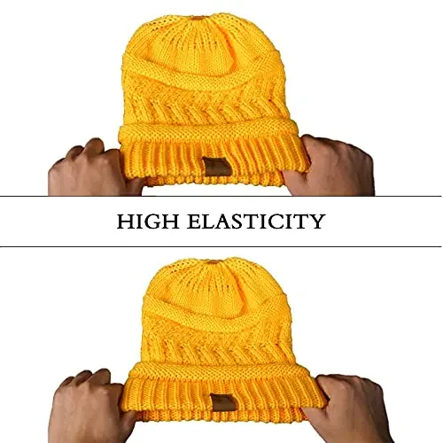 Rosoz 2 Pack Ponytail Beanie for Women,Winter Warm Beanie Tail Soft Stretch Cable Knit Messy High Bun Hat - 6