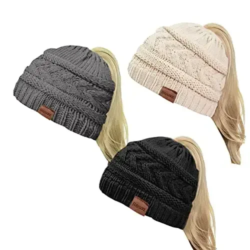 Rosoz 2 Pack Ponytail Beanie for Women,Winter Warm Beanie Tail Soft Stretch Cable Knit Messy High Bun Hat - ROSOZ
