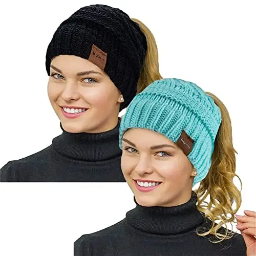 Rosoz 2 Pack Ponytail Beanie for Women,Winter Warm Beanie Tail Soft Stretch Cable Knit Messy High Bun Hat 