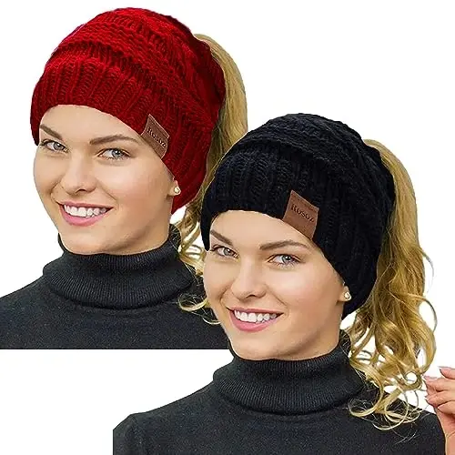 Rosoz 2 Pack Ponytail Beanie for Women,Winter Warm Beanie Tail Soft Stretch Cable Knit Messy High Bun Hat - 1