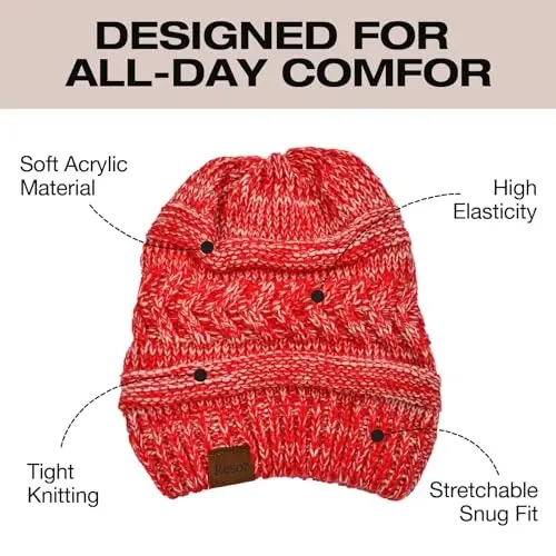 Rosoz 2 Pack Ponytail Beanie for Women,Winter Warm Beanie Tail Soft Stretch Cable Knit Messy High Bun Hat - 5