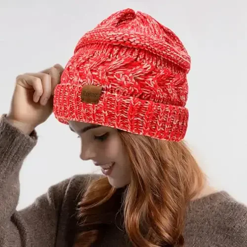 Rosoz 2 Pack Ponytail Beanie for Women,Winter Warm Beanie Tail Soft Stretch Cable Knit Messy High Bun Hat - 3