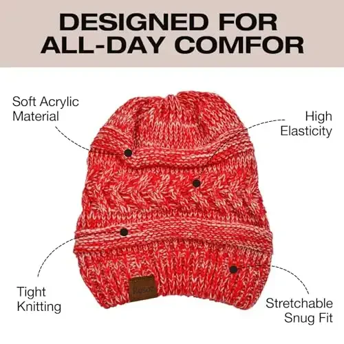Rosoz 2 Pack Ponytail Beanie for Women,Winter Warm Beanie Tail Soft Stretch Cable Knit Messy High Bun Hat - 5