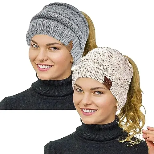Rosoz 2 Pack Ponytail Beanie for Women,Winter Warm Beanie Tail Soft Stretch Cable Knit Messy High Bun Hat - ROSOZ