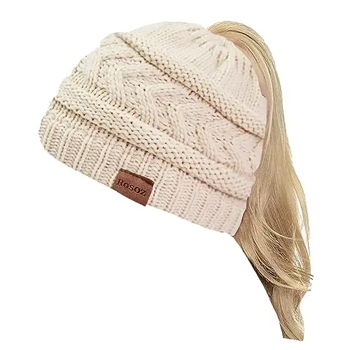 Rosoz 2 Pack Ponytail Beanie for Women,Winter Warm Beanie Tail Soft Stretch Cable Knit Messy High Bun Hat 