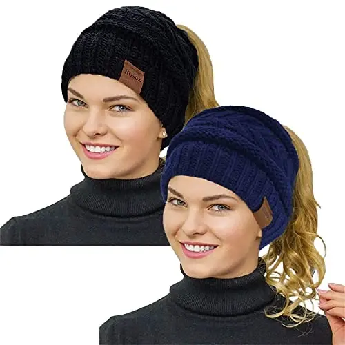 Rosoz 2 Pack Ponytail Beanie for Women,Winter Warm Beanie Tail Soft Stretch Cable Knit Messy High Bun Hat 