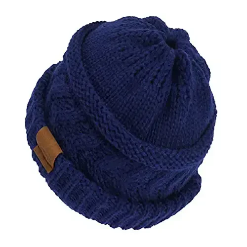 Rosoz 2 Pack Ponytail Beanie for Women,Winter Warm Beanie Tail Soft Stretch Cable Knit Messy High Bun Hat - 2