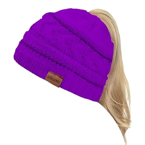 Rosoz 2 Pack Ponytail Beanie for Women,Winter Warm Beanie Tail Soft Stretch Cable Knit Messy High Bun Hat - ROSOZ