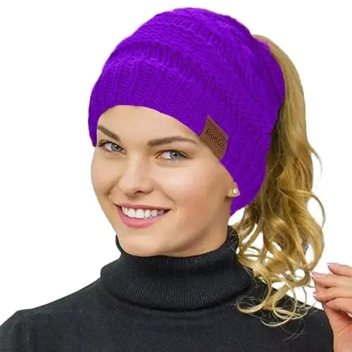 Rosoz 2 Pack Ponytail Beanie for Women,Winter Warm Beanie Tail Soft Stretch Cable Knit Messy High Bun Hat - 2
