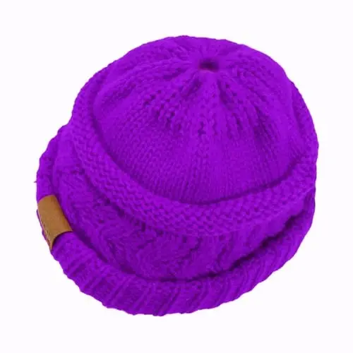 Rosoz 2 Pack Ponytail Beanie for Women,Winter Warm Beanie Tail Soft Stretch Cable Knit Messy High Bun Hat - 3