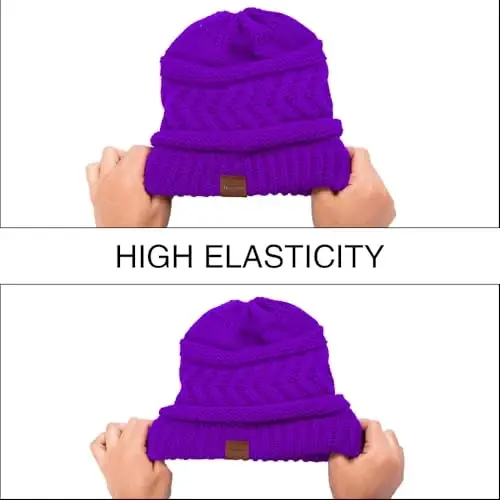 Rosoz 2 Pack Ponytail Beanie for Women,Winter Warm Beanie Tail Soft Stretch Cable Knit Messy High Bun Hat - 7