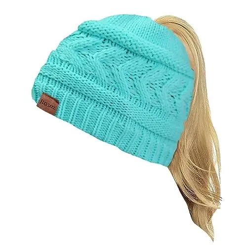 Rosoz 2 Pack Ponytail Beanie for Women,Winter Warm Beanie Tail Soft Stretch Cable Knit Messy High Bun Hat - ROSOZ