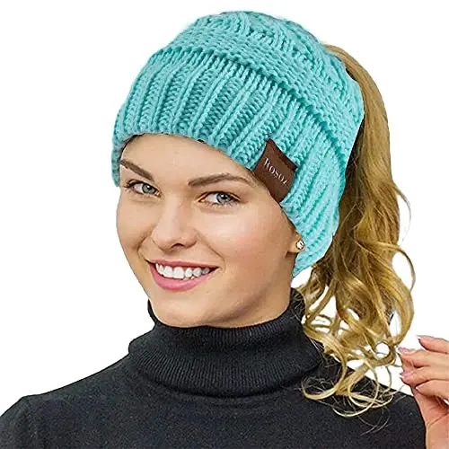 Rosoz 2 Pack Ponytail Beanie for Women,Winter Warm Beanie Tail Soft Stretch Cable Knit Messy High Bun Hat - 2