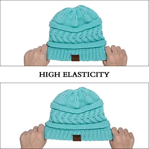 Rosoz 2 Pack Ponytail Beanie for Women,Winter Warm Beanie Tail Soft Stretch Cable Knit Messy High Bun Hat - 6