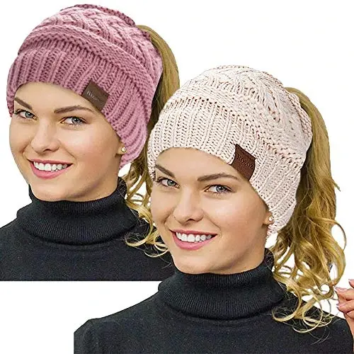 Rosoz 2 Pack Ponytail Beanie for Women,Winter Warm Beanie Tail Soft Stretch Cable Knit Messy High Bun Hat 