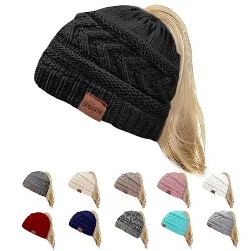 Rosoz 2 Pack Ponytail Beanie for Women,Winter Warm Beanie Tail Soft Stretch Cable Knit Messy High Bun Hat 