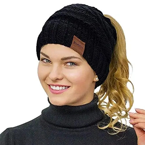 Rosoz 2 Pack Ponytail Beanie for Women,Winter Warm Beanie Tail Soft Stretch Cable Knit Messy High Bun Hat - 2