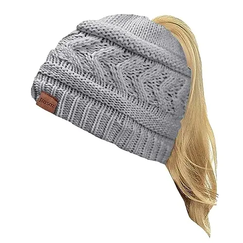 Rosoz 2 Pack Ponytail Beanie for Women,Winter Warm Beanie Tail Soft Stretch Cable Knit Messy High Bun Hat 