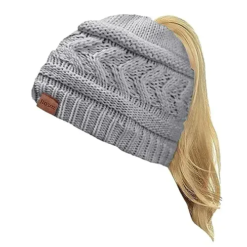 Rosoz 2 Pack Ponytail Beanie for Women,Winter Warm Beanie Tail Soft Stretch Cable Knit Messy High Bun Hat - ROSOZ