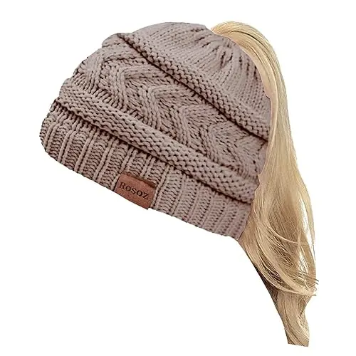 Rosoz 2 Pack Ponytail Beanie for Women,Winter Warm Beanie Tail Soft Stretch Cable Knit Messy High Bun Hat - 1