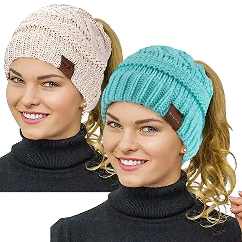 Rosoz 2 Pack Ponytail Beanie for Women,Winter Warm Beanie Tail Soft Stretch Cable Knit Messy High Bun Hat 