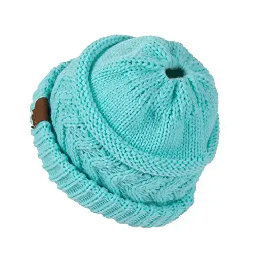 Rosoz 2 Pack Ponytail Beanie for Women,Winter Warm Beanie Tail Soft Stretch Cable Knit Messy High Bun Hat - 3