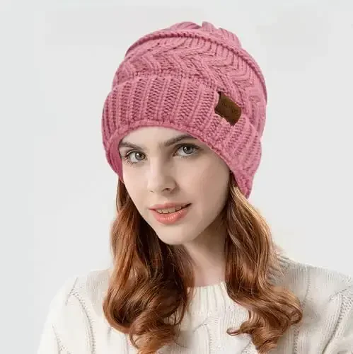 Rosoz 2 Pack Ponytail Beanie for Women,Winter Warm Beanie Tail Soft Stretch Cable Knit Messy High Bun Hat - 2