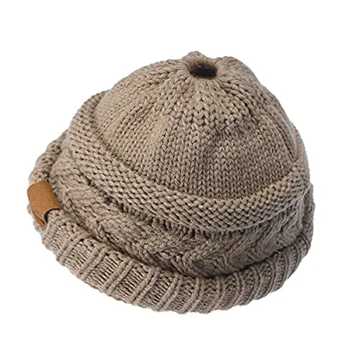 Rosoz 2 Pack Ponytail Beanie for Women,Winter Warm Beanie Tail Soft Stretch Cable Knit Messy High Bun Hat - 3