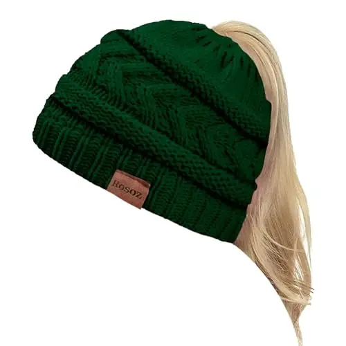 Rosoz 2 Pack Ponytail Beanie for Women,Winter Warm Beanie Tail Soft Stretch Cable Knit Messy High Bun Hat - 1