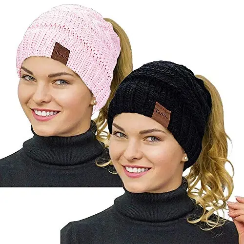Rosoz 2 Pack Ponytail Beanie for Women,Winter Warm Beanie Tail Soft Stretch Cable Knit Messy High Bun Hat - 1